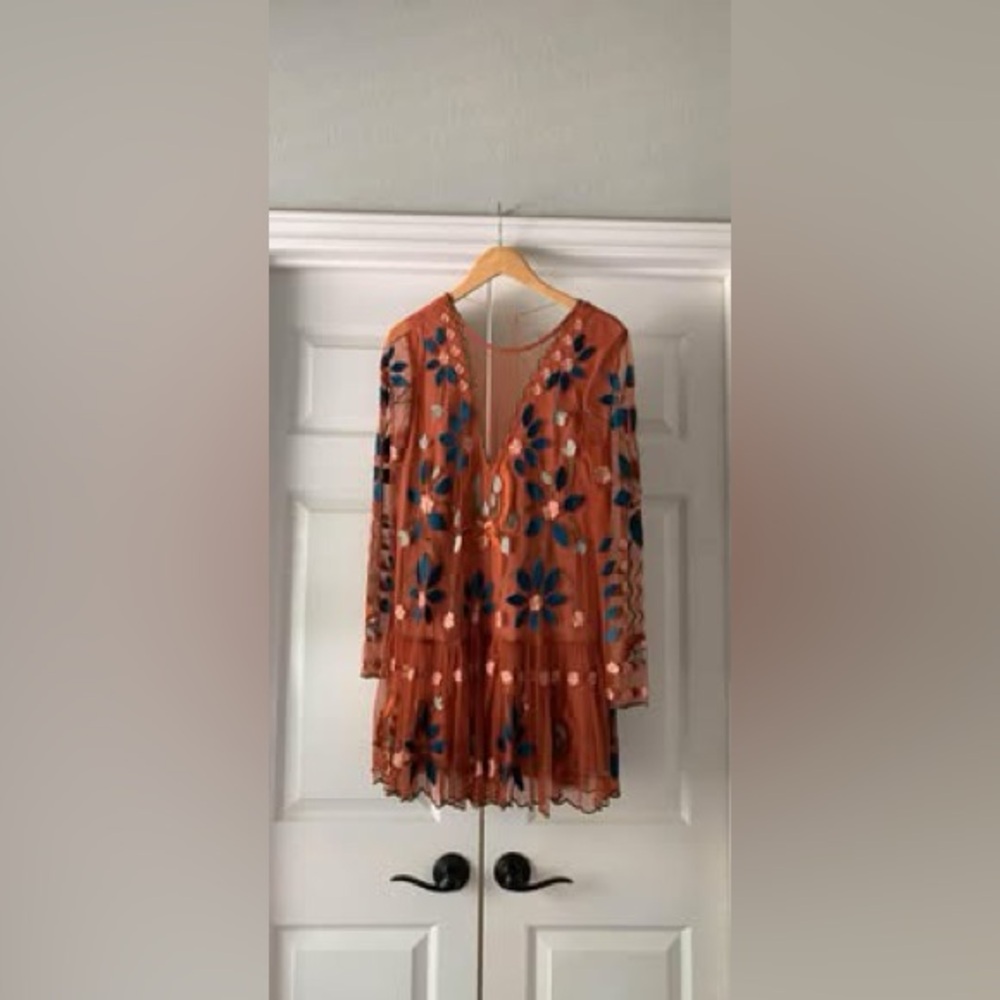 Free People Orange and Blue Long Sleeve Dress